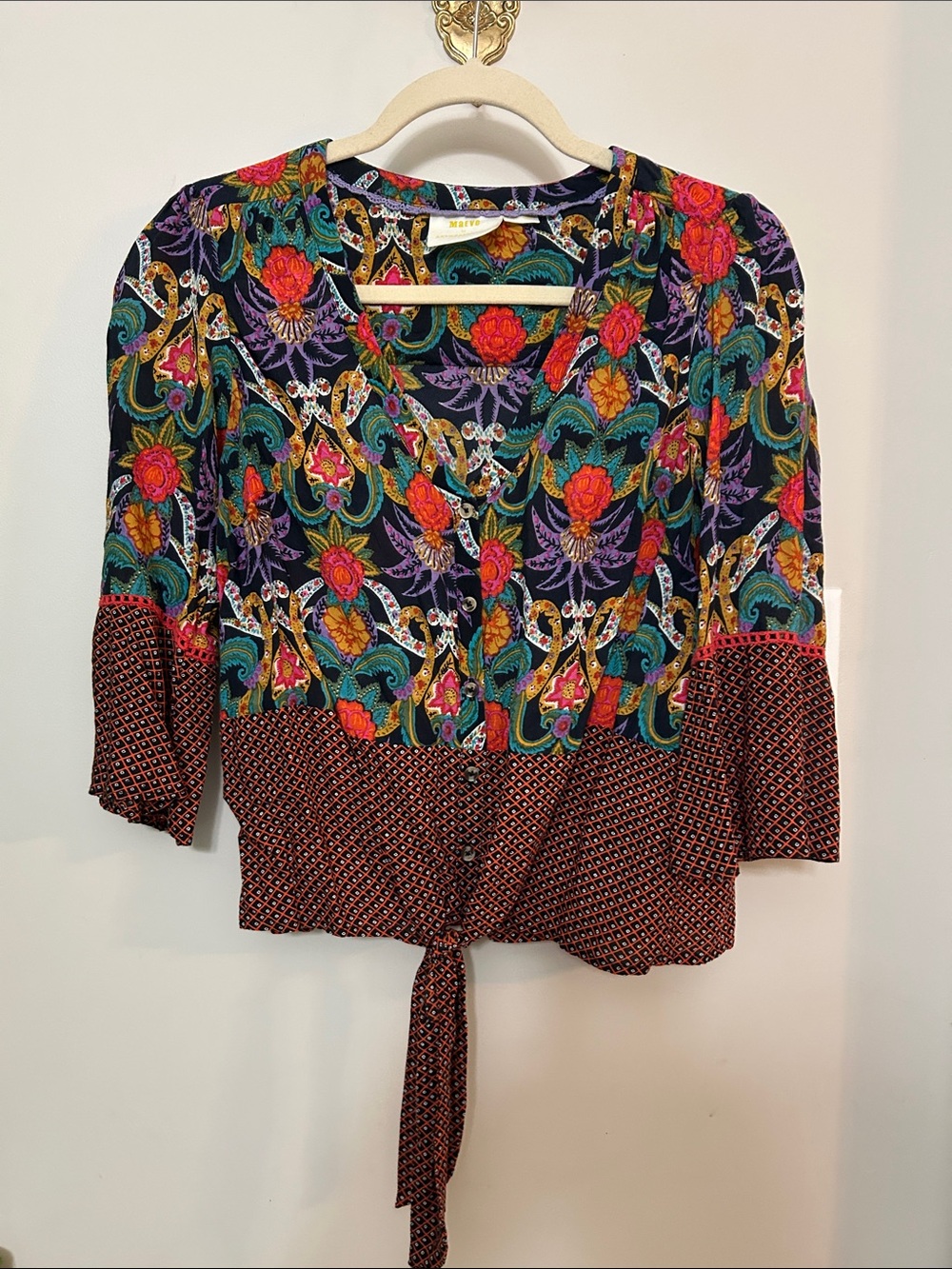 Maeve Multicolor Floral Paisley Tie-Front Blouse